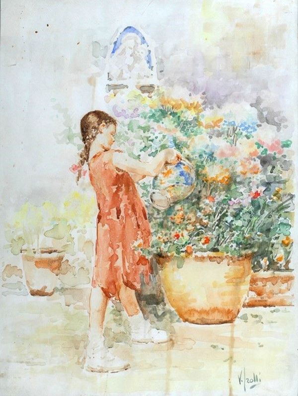 Vincenzo Irolli : Bambina con fiori  - Acquarello su carta - Asta AUTORI DEL XIX E XX SEC - II - Galleria Pananti Casa d'Aste
