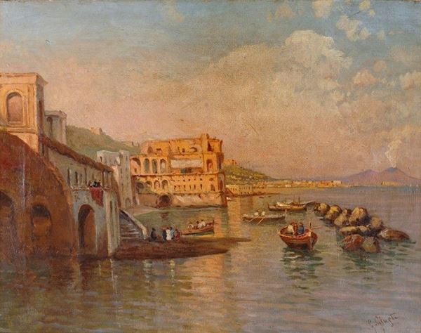 Guglielmo Giusti - Scorcio del golfo di Napoli con pescatori.