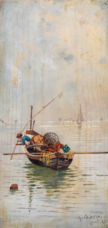 Giuseppe Cosenza : Barca con pescatore  (1883)  - Olio su tavoletta - Asta AUTORI DEL XIX E XX SEC - II - Galleria Pananti Casa d'Aste