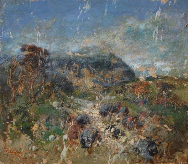 Tito Pellicciotti : Paesaggio  (1881)  - Olio su cartone - Asta AUTORI DEL XIX E XX SEC - II - Galleria Pananti Casa d'Aste