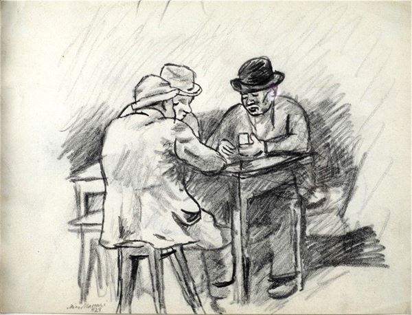 Mino Maccari : Giocatori di carte  (1928)  - Matita su carta - Asta Arte Moderna e Contemporanea - III - Galleria Pananti Casa d'Aste