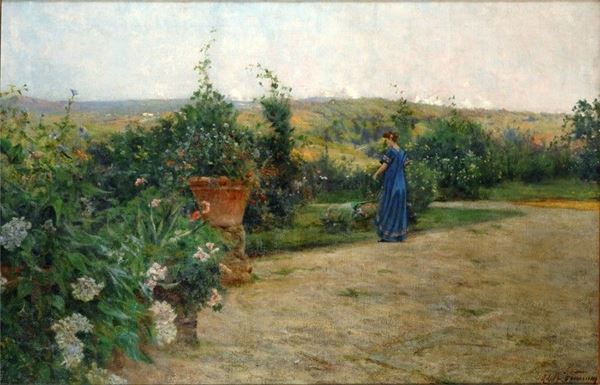 Adolfo Tommasi : Signora in villa  ((1890-1895))  - Olio su tela - Asta AUTORI DEL XIX E XX SEC - II - Galleria Pananti Casa d'Aste