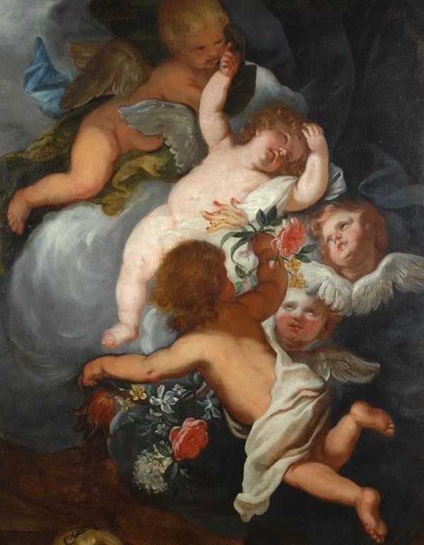 Scuola Genovese, XVII sec. : Putti festanti con fiori  - Auction ANTIQUARIATO - Galleria Pananti Casa d'Aste