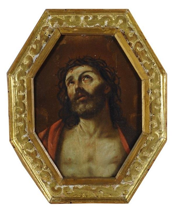 Scuola Emiliana, XVII sec. : Volto di Cristo   - Olio su tavola  - Asta Gioielli, Antiquariato - I - Galleria Pananti Casa d'Aste