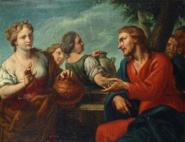 Scuola Veneta, XVIII sec. : Cristo e la samaritana al pozzo  - Olio su tela - Asta Gioielli, Antiquariato - I - Galleria Pananti Casa d'Aste