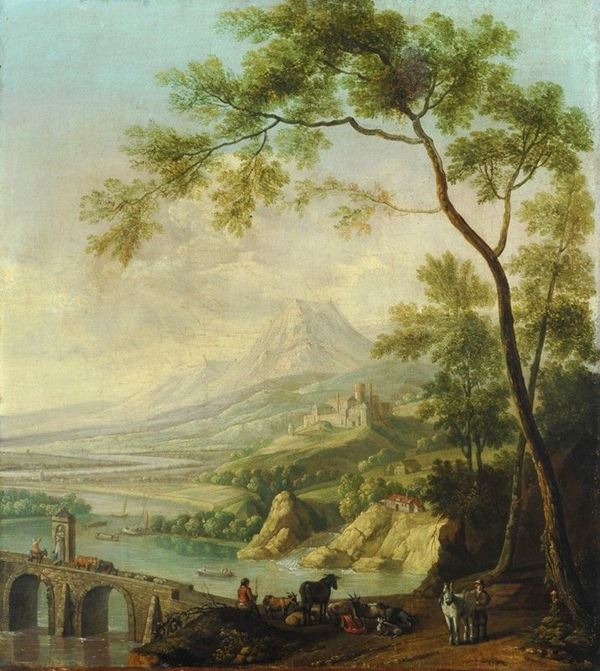 Scuola Fiamminga, XVIII - XIX sec. : Paesaggio con figure e armenti  - Olio su tela - Asta ANTIQUARIATO - Galleria Pananti Casa d'Aste
