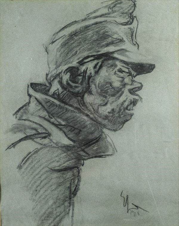 Enrico Sacchetti : Caricatura di soldato austriaco  (1918)  - Carboncino su carta - Asta AUTORI DEL XIX E XX SEC - Galleria Pananti Casa d'Aste