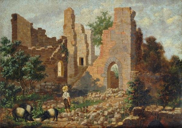 Carlo Iozzi : Paesaggio con rovine   (1868)  - Olio su tela - Asta AUTORI DEL XIX E XX SEC - II - Galleria Pananti Casa d'Aste