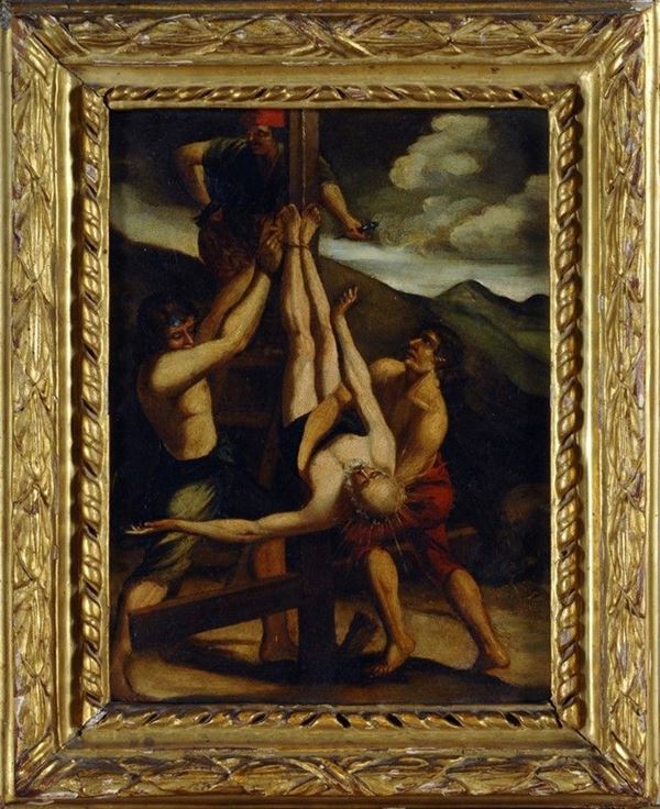 Anonimo, XVIII sec. : Crocifissione di San Pietro (da Guido Reni)  - Olio su rame - Asta Gioielli, Antiquariato - I - Galleria Pananti Casa d'Aste
