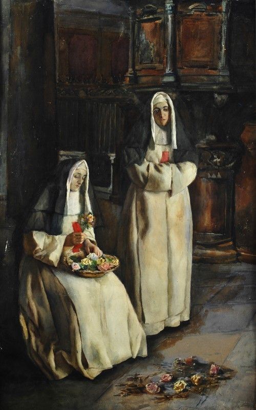 Vincenzo Cabianca : Suore  - Tecnica mista su carta - Asta AUTORI DEL XIX E XX SEC - II - Galleria Pananti Casa d'Aste