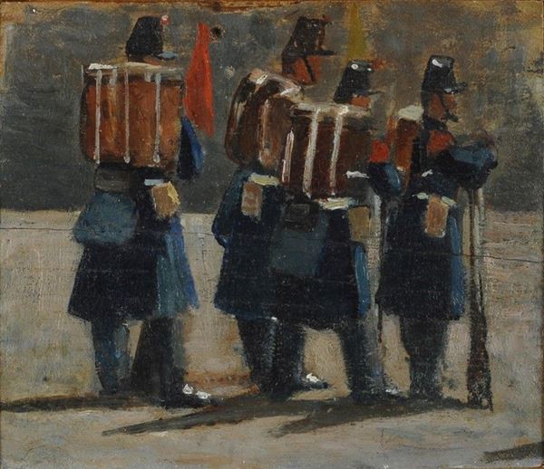 Giovanni Fattori : Soldati francesi del 1859 (Le reclute)  ((1859))  - Olio su tavoletta - Asta AUTORI DEL XIX E XX SEC - II - Galleria Pananti Casa d'Aste