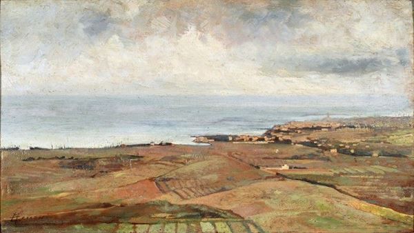 Eugenio Cecconi : Veduta i Antignano da Montenero  ((1872-1875))  - Olio su tavola - Asta AUTORI DEL XIX E XX SEC - II - Galleria Pananti Casa d'Aste