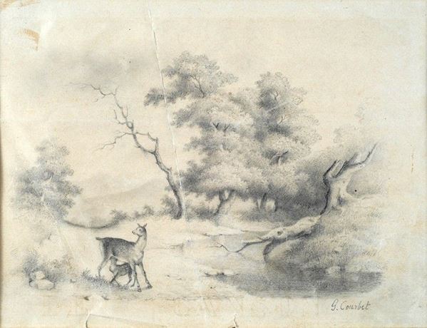 Gustave Courbet - Veduta di bosco con cerbiatti