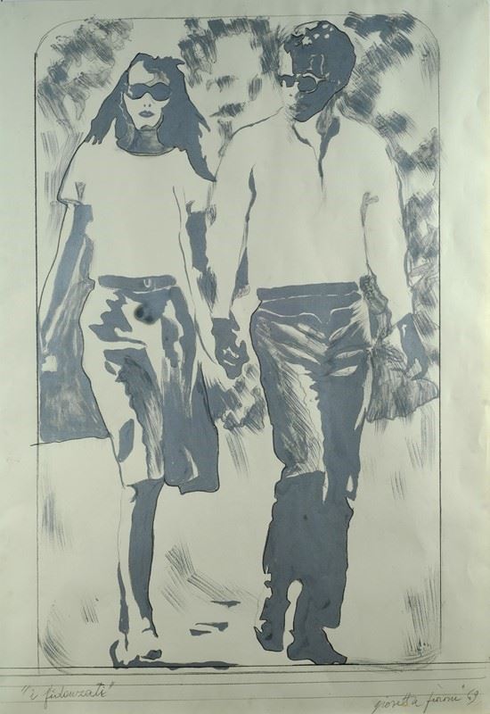 Giosetta Fioroni : I fidanzati   (1969)  - Tecnica mista su carta - Asta Arte Moderna e Contemporanea - III - Galleria Pananti Casa d'Aste