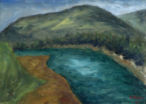 Ottone Rosai : Paesaggio con fiume e collina  (1946)  - Olio su cartone  - Asta Arte Moderna e Contemporanea - III - Galleria Pananti Casa d'Aste