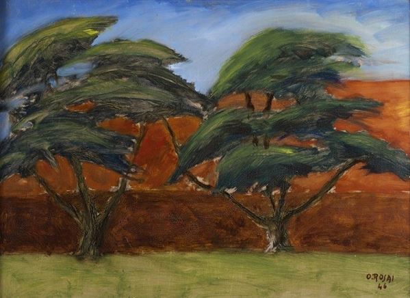 Ottone Rosai - Muro rosso e alberi