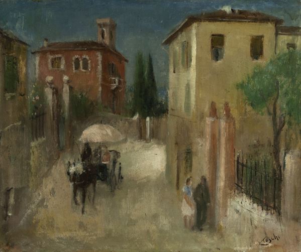 Ermanno Toschi : Road with carriage  - Oil on plywood - Auction MODERN ART - Galleria Pananti Casa d'Aste
