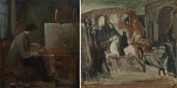 Ermanno Toschi - Painter in the studio (front); The Duce on horseback (back)