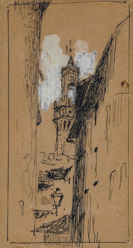 Anonimo, XIX sec. : Glimpse with Arnolfo's Tower  - Ink on paper - Auction AUTHORS  [..]