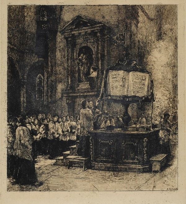 Alfonso Hollaender : Interno di chiesa  - Auction AUTHORS OF XIX AND XX CENTURY - Galleria Pananti Casa d'Aste