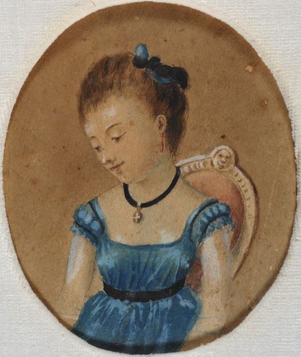 Anonimo, XIX sec. : Ritratto di fanciulla  - Acquerello e tempera su carta - Asta  [..]