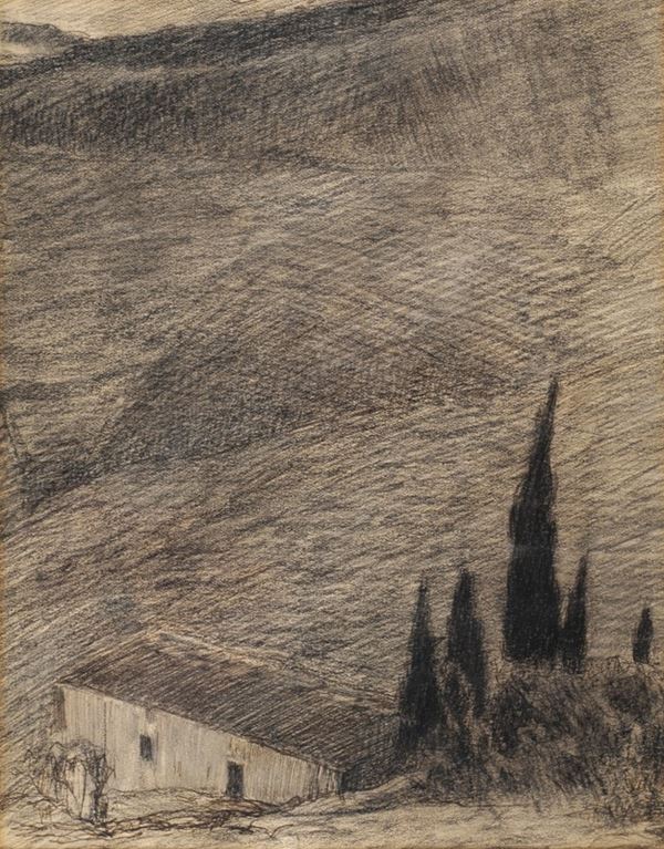 Anonimo, XX sec. : Landscape with cottage and cypresses  - Pencil on paper - Auction  [..]