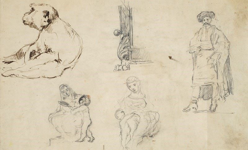 Anonimo, XX Sec. - Schizzi di Scimmia e Figure