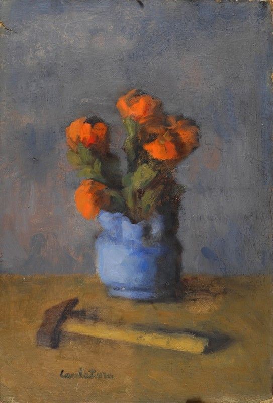 Domenico Cantatore - Vaso azzurro con fiori e martello