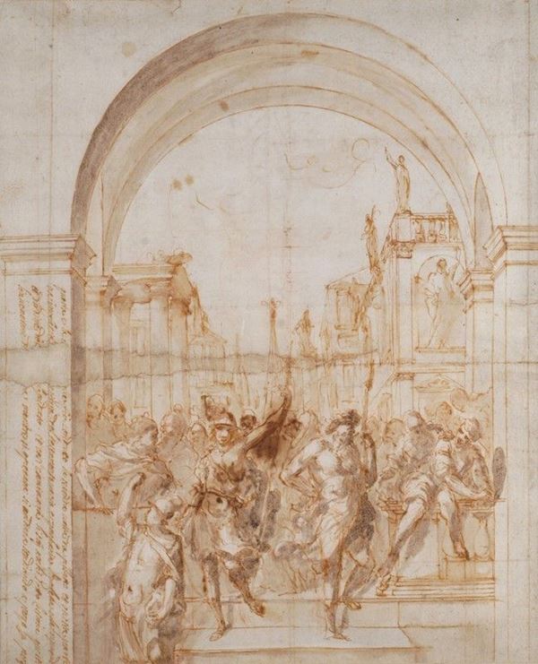 Scuola Italia Centrale, XVIII sec. : Sottarco con processione di figure armate e architetture sullo sfondo  - Auction Gioielli, Antiquariato - I - Galleria Pananti Casa d'Aste