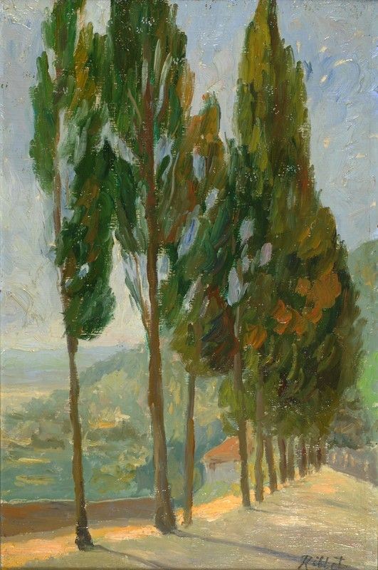Fernand Riblet : Cipressi  - Olio su cartone - Asta AUTORI DEL XIX E XX SEC - II - Galleria Pananti Casa d'Aste