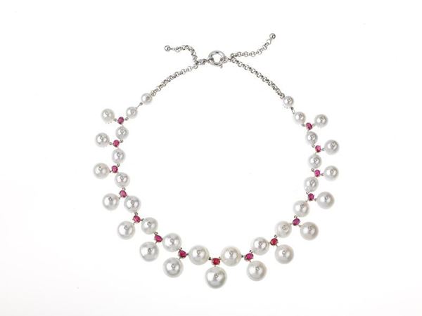 Collana perle, brillanti e rubini