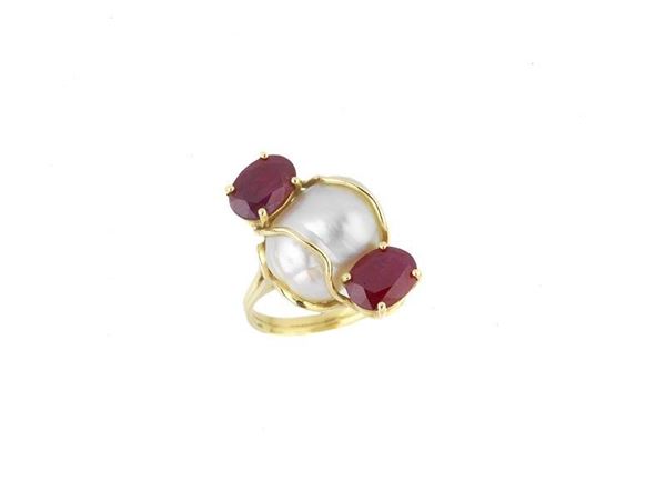 Anello perla scaramazza e rubini 