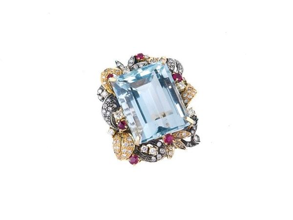 Anello acquamarina, brillanti e rubini