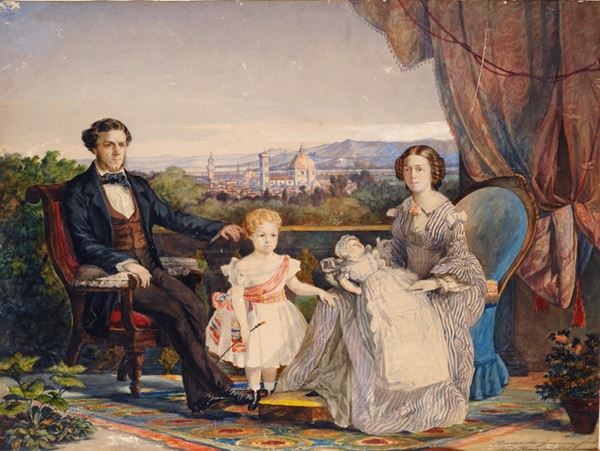 Anonimo, XIX sec. - Ritratto di famiglia con Firenze sullo sfondo