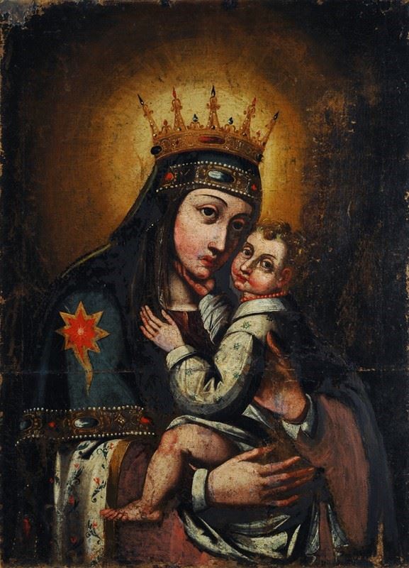 Anonimo, XVIII sec. : Madonna incoronata con bambino  - Olio su tela - Asta ANTIQUARIATO  [..]