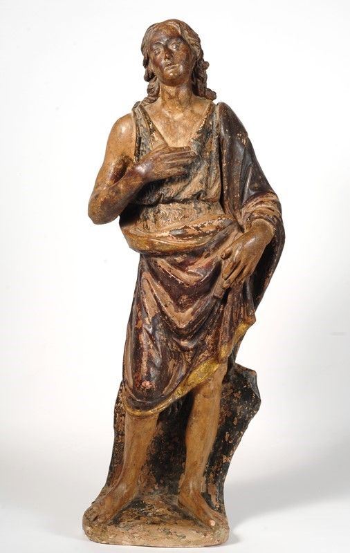 Scuola Fiorentina, XVI sec. : San Giovanni Battista  - Scultura in stucco con tracce di policromia e dorature - Asta Gioielli, Antiquariato - I - Galleria Pananti Casa d'Aste