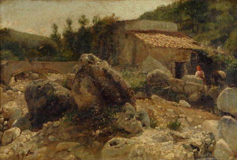 Scuola Napoletana, XIX Sec. - Antico Casolare con Contadina