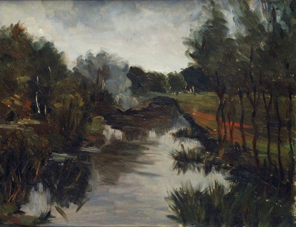 Anonimo, XX sec. : Landscape with stream  (1955)  - Oil painting on canvas - Auction  [..]