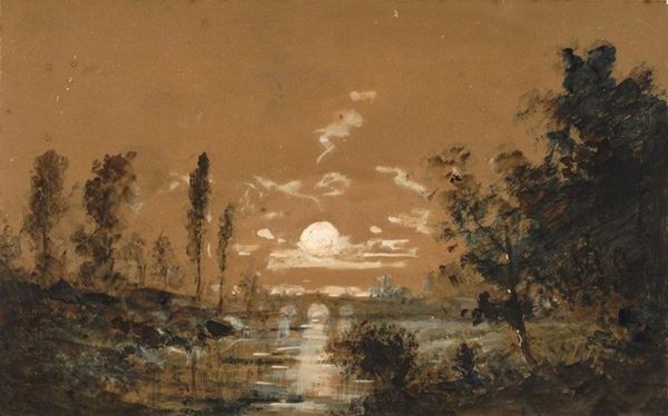 Scuola Francese, XIX sec. : Paesaggio al tramonto  - Tempera su carta - Asta ANTIQUARIATO - Galleria Pananti Casa d'Aste