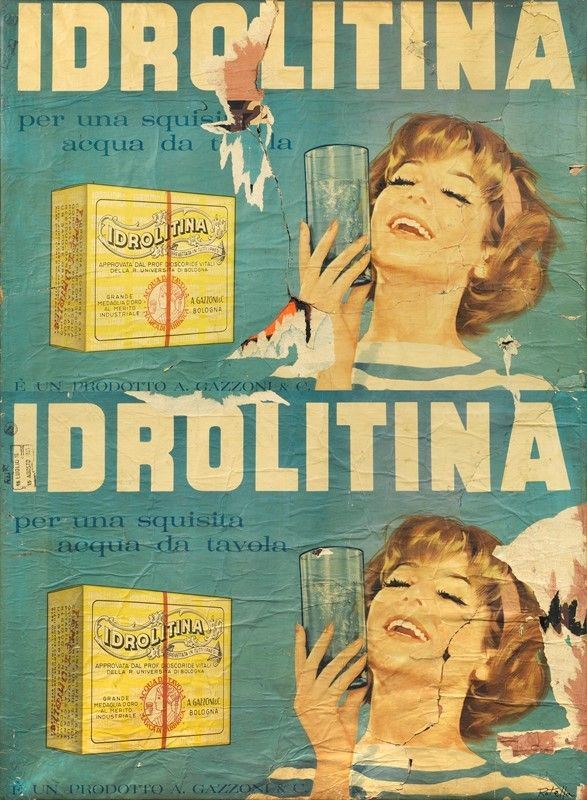 Mimmo Rotella : Idrolitina  (1963)  - Decollage riportato su tela - Asta Arte Moderna e Contemporanea - III - Galleria Pananti Casa d'Aste