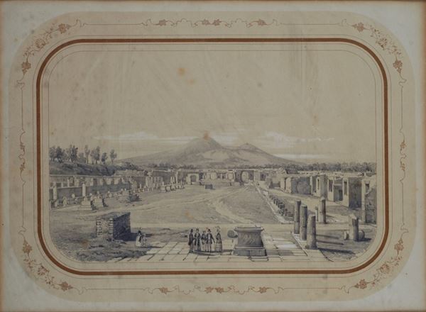 Anonimo, XIX sec. : Veduta di Pompei  - Matita su carta - Asta AUTORI DEL XIX E XX SEC - II - Galleria Pananti Casa d'Aste