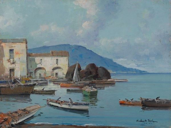 Fortunato Fontana : Porticciolo  - Olio su compensato - Asta AUTORI DEL XIX E XX SEC - Galleria Pananti Casa d'Aste