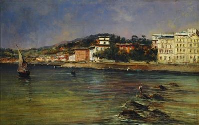 Veduta Costiera con Barche e Pescatore
