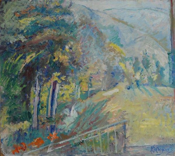 Eduardo Gordigiani : Balcone con vista sulle colline  - Olio su faesite - Asta AUTORI DEL XIX E XX SEC - II - Galleria Pananti Casa d'Aste