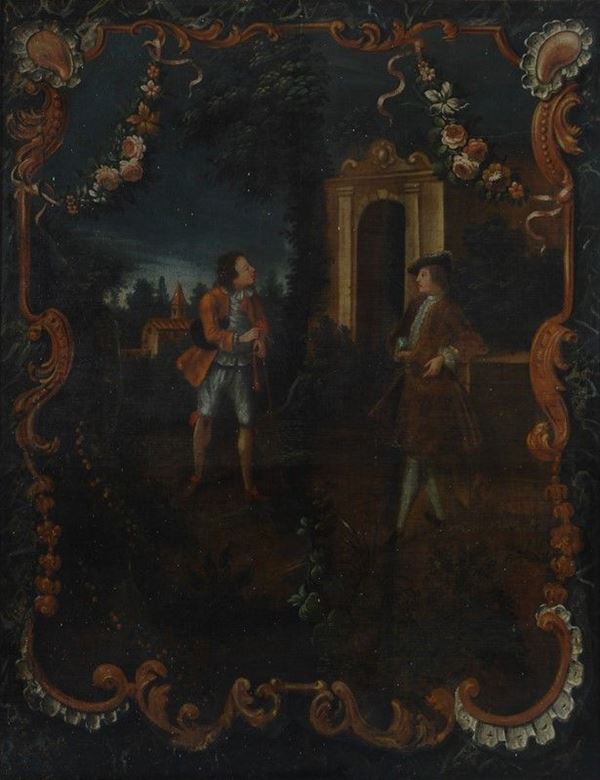 Anonimo, XVIII sec. - Due gentiluomini in un giardino
