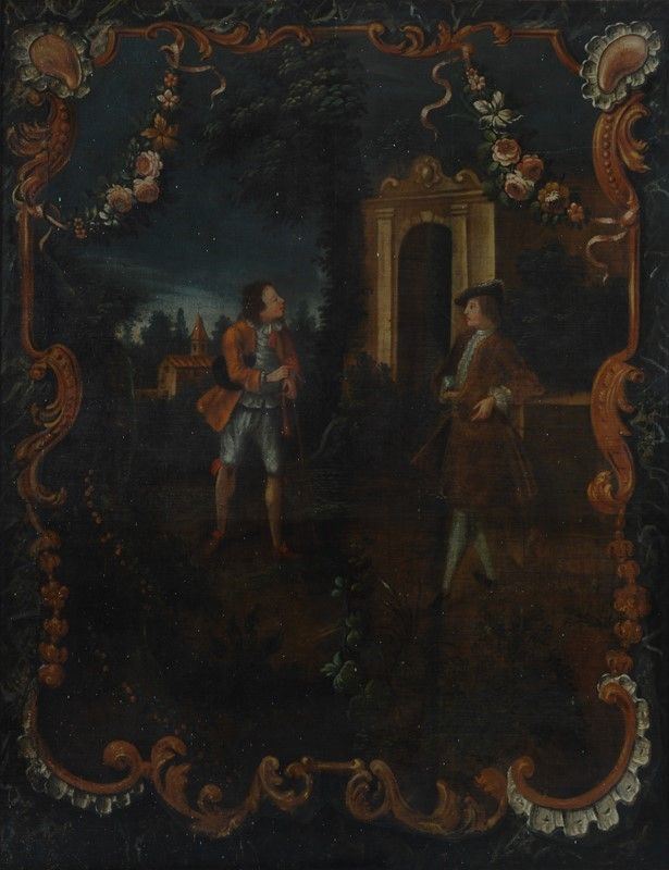 Anonimo, XVIII Sec. - Due Gentiluomini in un Giardino