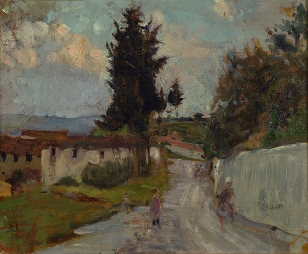 Cesare Ciani : In Toscana, lungo la via  ((1910))  - Olio su tela - Asta AUTORI DEL XIX E XX SEC - II - Galleria Pananti Casa d'Aste