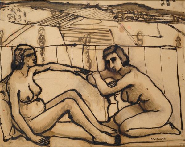 Felice Casorati : Due nudi nel paesaggio  (1939)  - Olio magro su carta riportata su tela - Asta Arte Moderna e Contemporanea - III - Galleria Pananti Casa d'Aste