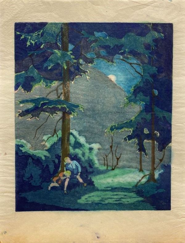Anonimo, XX sec. - Paesaggio notturno con figure