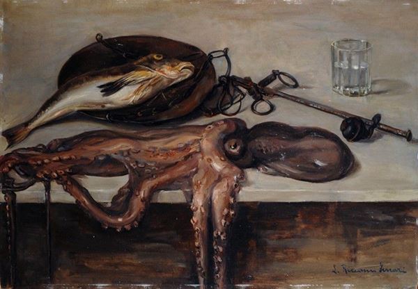 Linda Riccomi Ferrari - Natura morta con polpo e pesce